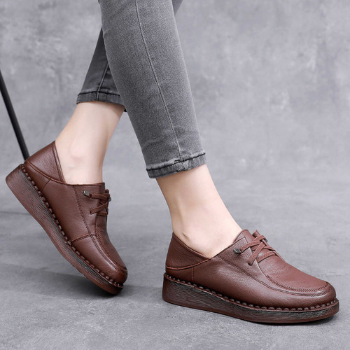 厚底防滑牛筋底复古女鞋真皮单鞋