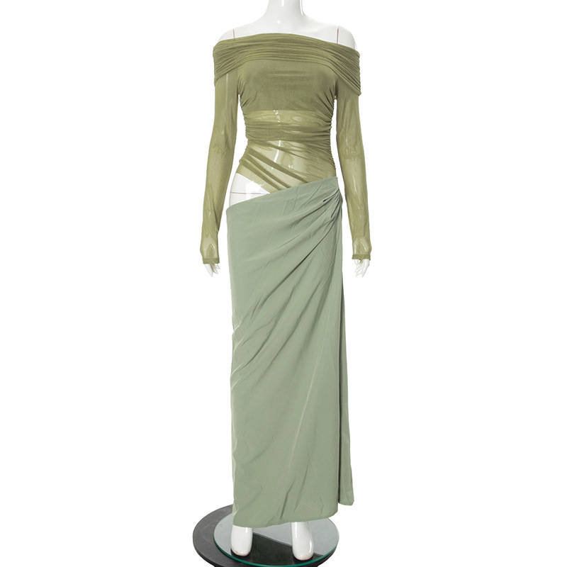 thumbnail for Dress2025 spring/summer new European beauty one-line shoulder long sleeve waist slimming sexy mesh patchwork dress