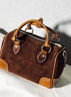 高货～手工波士顿包植鞣牛皮手提包反毛皮枕头包斜挎真皮单肩女包