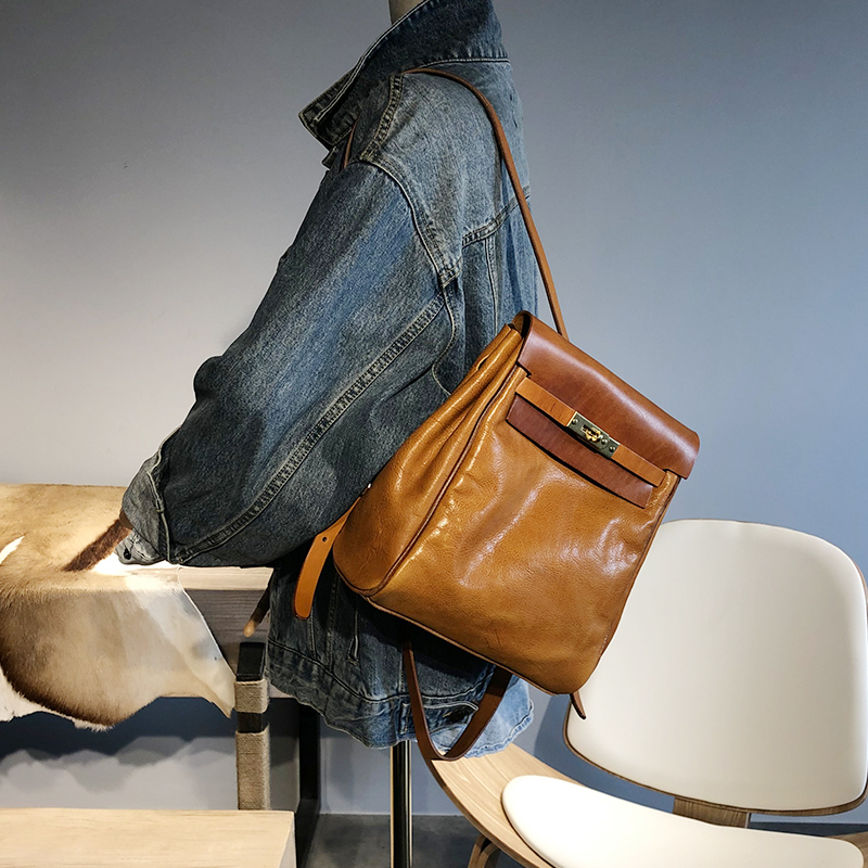 中古复古做旧真皮双肩包女包凯莉包通用牛皮背包女小包