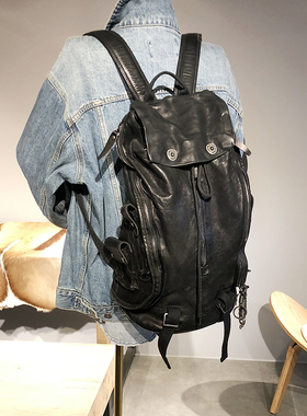 暗黑中带SAO气~重洗水做旧复古牛皮双肩包男女背包真皮情侣大包潮