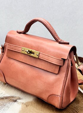 少有D樱花粉～25新款全皮重工凯莉包头层牛皮铂金包真皮女包小包