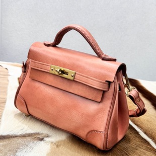 少有D樱花粉～25新款 全皮重工凯莉包头层牛皮铂金包真皮女包小包