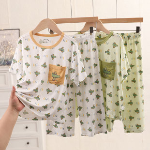 苞米布衣儿童莫代尔睡衣夏季中大童薄款套装男童短袖长裤家居服