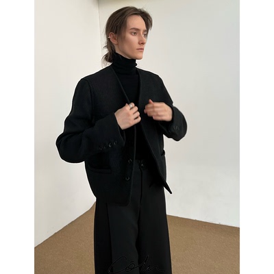 秋新无领多口袋呢料夹克