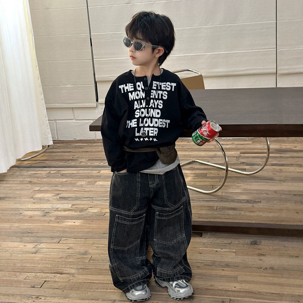 新尔2026秋季新款儿童重磅纯棉开门襟印字长袖T恤男童个性上衣秋