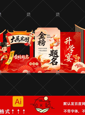 新中式国风红色金榜题名升学宴背景板氛围布置美陈设计素材模板ai