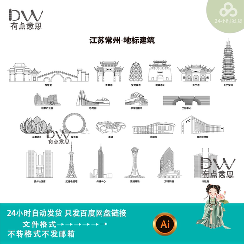 江苏常州地标建筑矢量剪影印象建筑线稿线描手绘插画会议背景素材