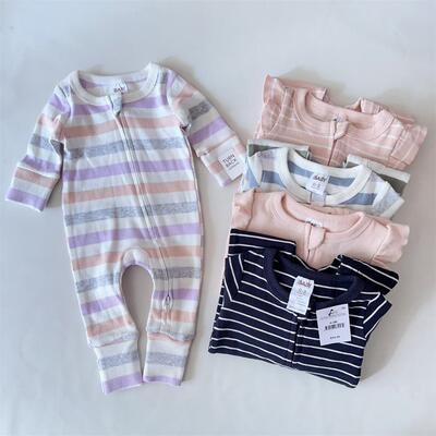 NB-18M澳洲cottonon新生婴儿双拉链长爬服男女宝宝条纹长袖连体衣