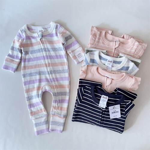 NB-18M澳洲cottonon新生婴儿双拉链长爬服男女宝宝条纹长袖连体衣