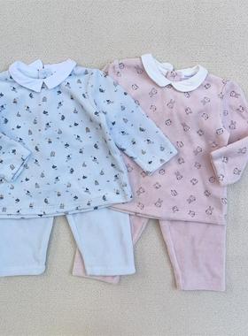 18-36M法单bout婴儿天鹅绒居家套装外贸春秋男女宝宝翻领上衣裤子