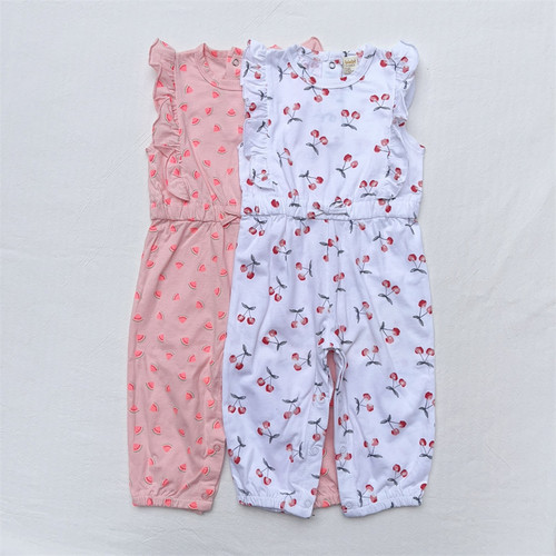 12M/外贸女宝宝夏季薄款无袖飞袖短袖长爬服女宝宝公主樱桃连体衣