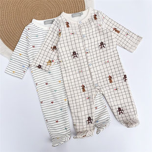 1-12M/法单boutchou新生婴儿拉绒连体衣男女宝宝满月包脚长爬服