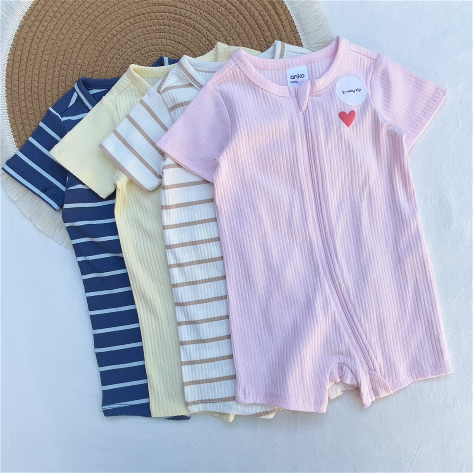 3-24M澳洲anko婴儿夏短袖拉链爬服外贸男女宝宝INS满月百日平角爬