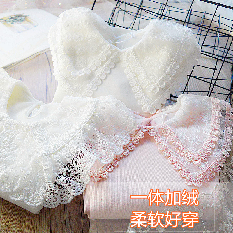 一体绒~女童打底衫儿童韩版蕾丝翻领纯棉加绒加厚上衣T恤2024冬季