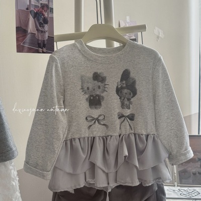 女童假两件长袖T恤打底衫2025秋季新款纯棉A类中长款T恤裙娃娃衫