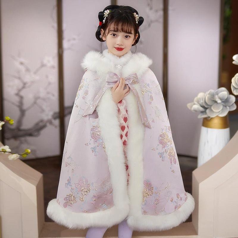 女童汉服披风秋冬季儿童古装唐装外出古风连帽斗篷保暖外套中国风