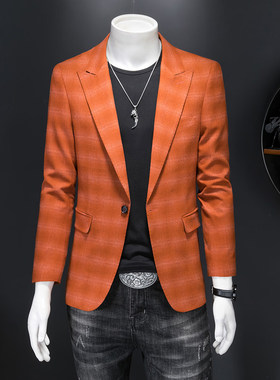 春季休闲橙色西装男修身单排扣西服外套时尚韩版男装结婚伴郎婚礼