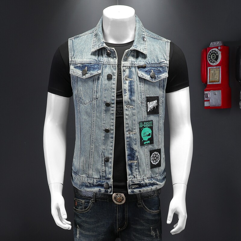嘻哈文艺范牛仔马甲贴布时尚美式外贸高级感牛仔褂男式秋装上衣潮
