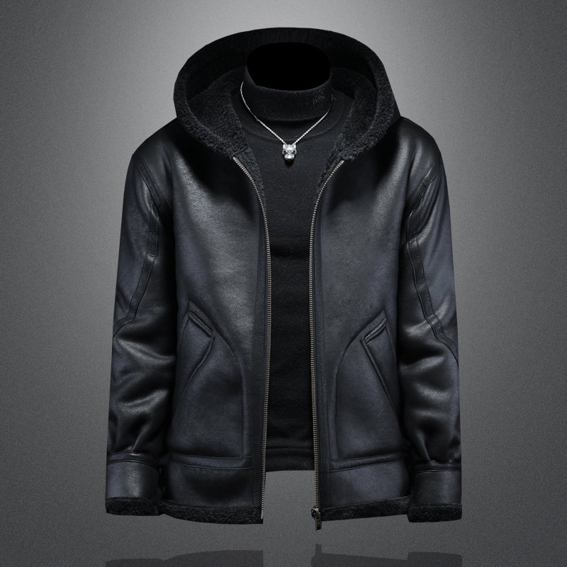 皮毛一体男士皮衣冬季加绒加厚新款美式连帽夹克宽松休闲保暖外套