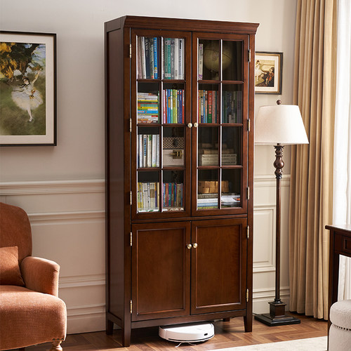 美式全实木带玻璃门满墙书柜组合