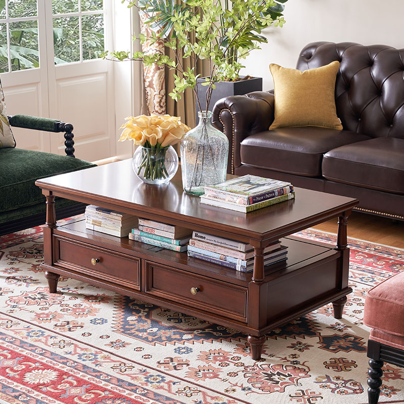 和年美家美式乡村复古双层实木茶几全实木樱桃木简美客厅收纳家具