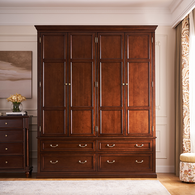 和年美家美式乡村经济型组装对开门衣柜全实木卧室家具四门挂衣柜