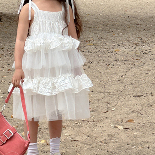 可儿妈 仙仙的女童连衣裙儿童公主裙生日派对礼服裙白色吊带裙子