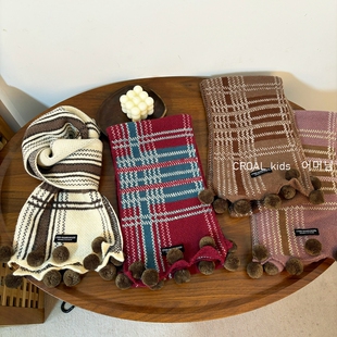 CROAL 格子毛球儿童围巾冬季女童针织毛线男童宝宝保暖围脖秋冬