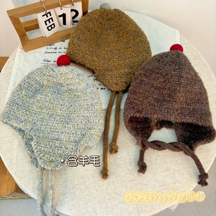 韩国ins儿童针织帽子秋冬球球男女童凹造型宝宝毛线护耳雷锋帽