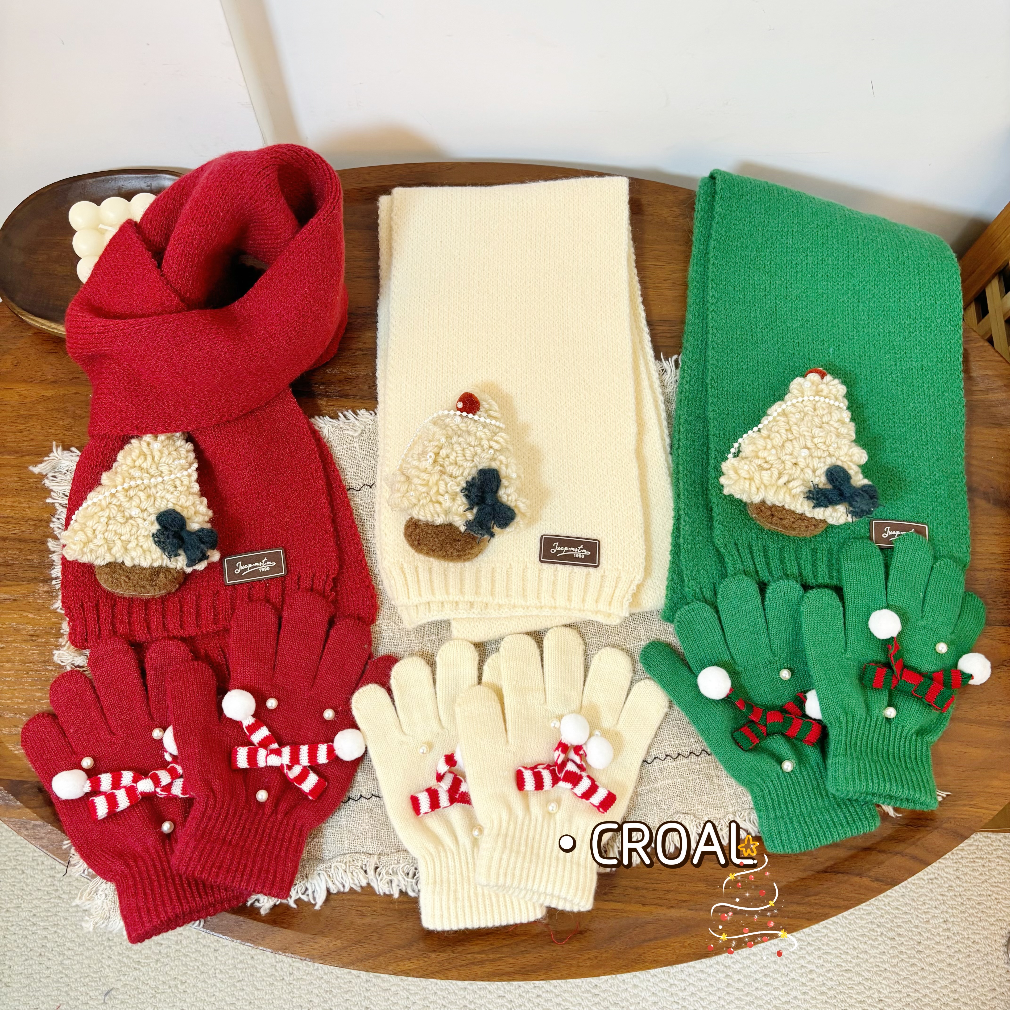 CROAL圣诞男女童手套围巾套装针织洋气穿搭儿童手套保暖围巾