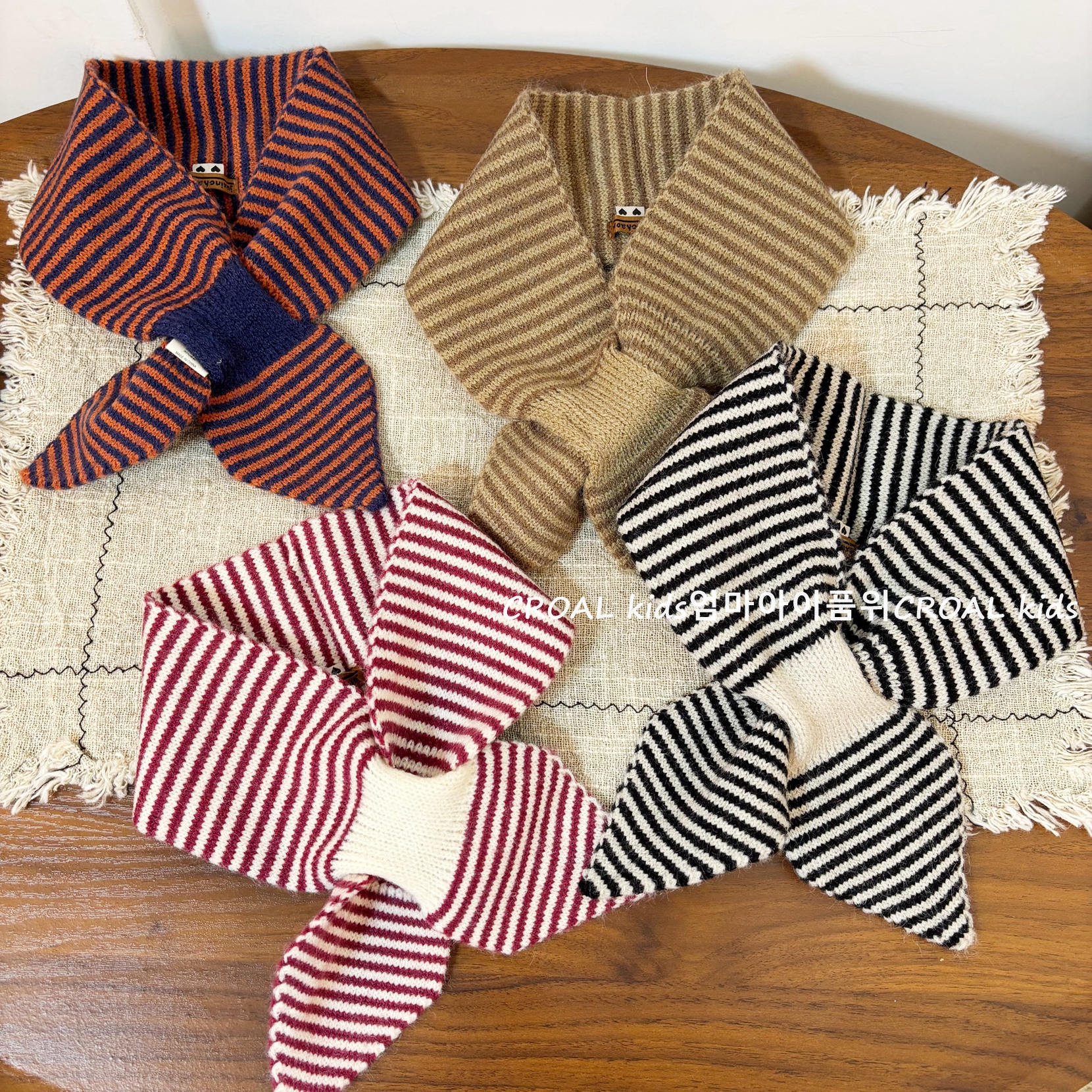 CROAL韩版条纹儿童围巾ins冬季针织领巾男女童保暖交叉宝宝围脖
