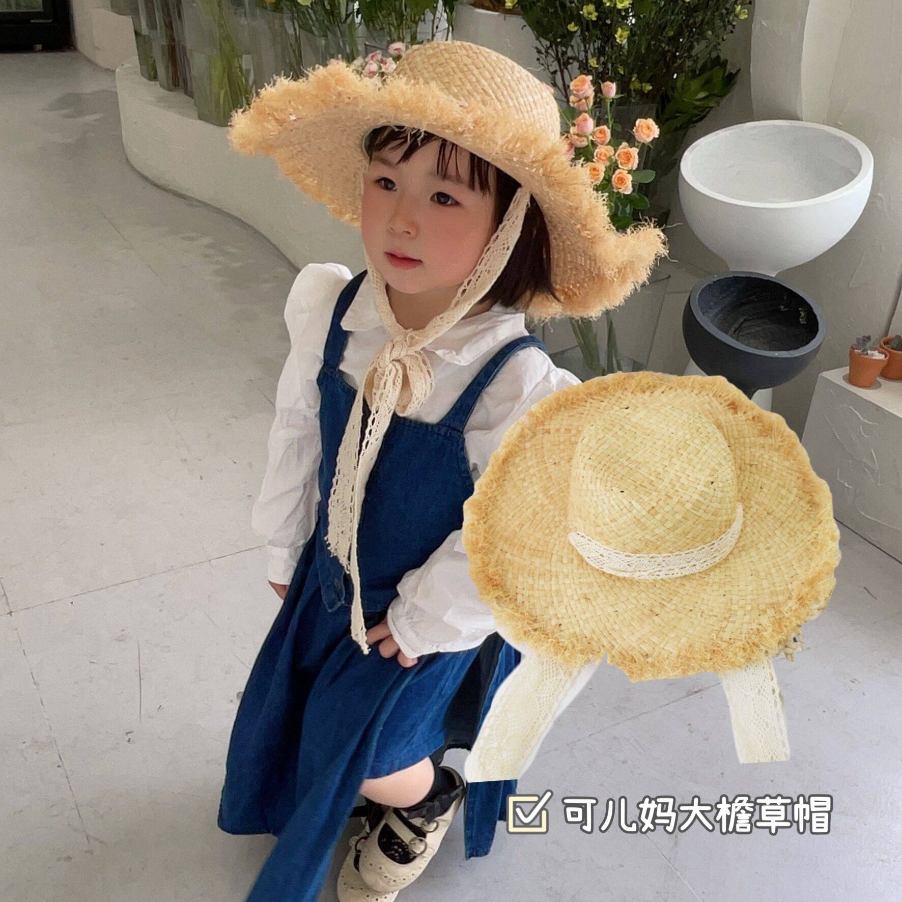 心水拉菲草儿童草帽礼帽儿童大檐帽子夏天度假沙滩可爱亲子草帽