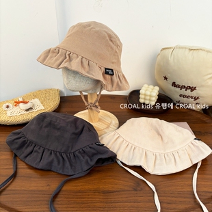 韩系荷叶边儿童帽子春秋薄款遮阳防晒渔夫帽男女宝宝出游盆帽春夏