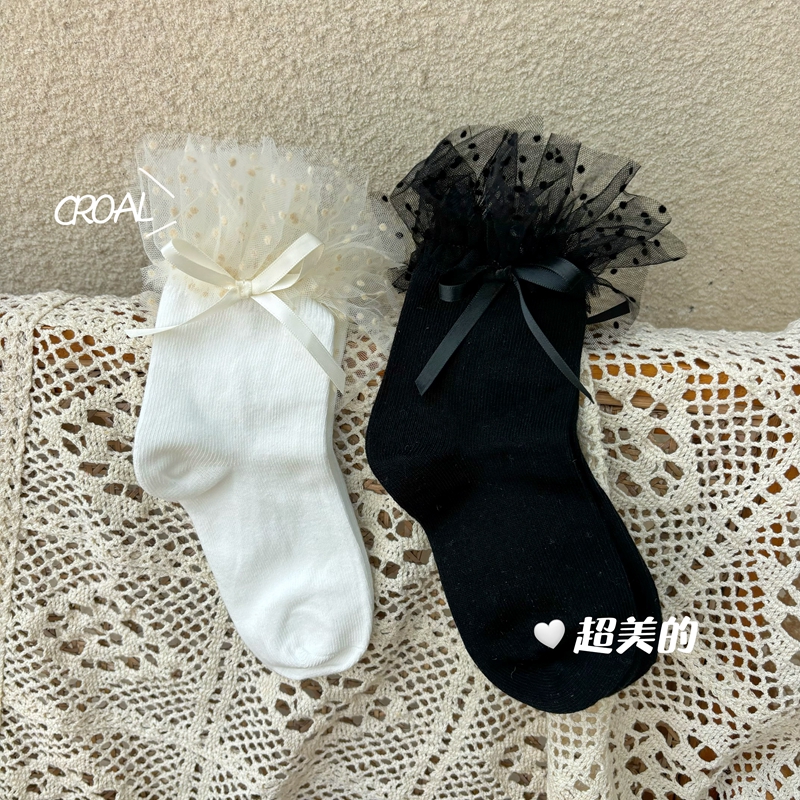 仙仙的女童袜子春夏公主满天星网纱白色儿童花边袜宝宝女孩中筒袜