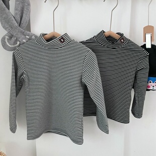 男女童条纹打底衫春秋冬半高领德绒T恤儿童内搭女宝宝洋气上衣