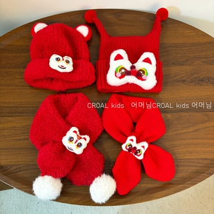 新年红色儿童毛线帽子围巾套装冬季喜庆男女童宝宝针织保暖护耳帽