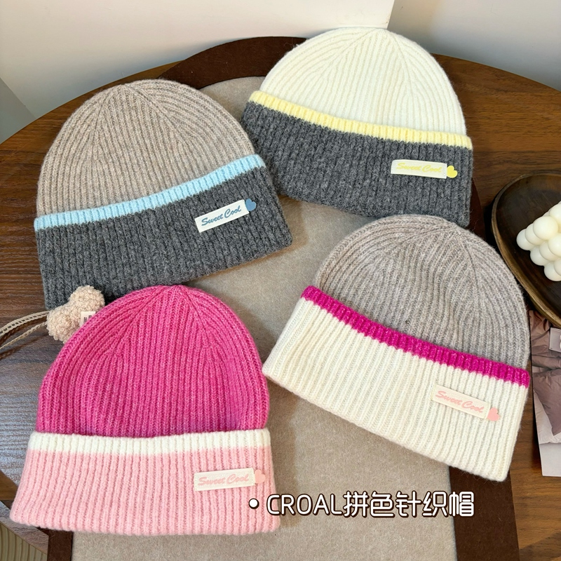 韩系ins秋冬儿童保暖毛线帽子男女童护耳帽拼色凹造型针织帽子潮