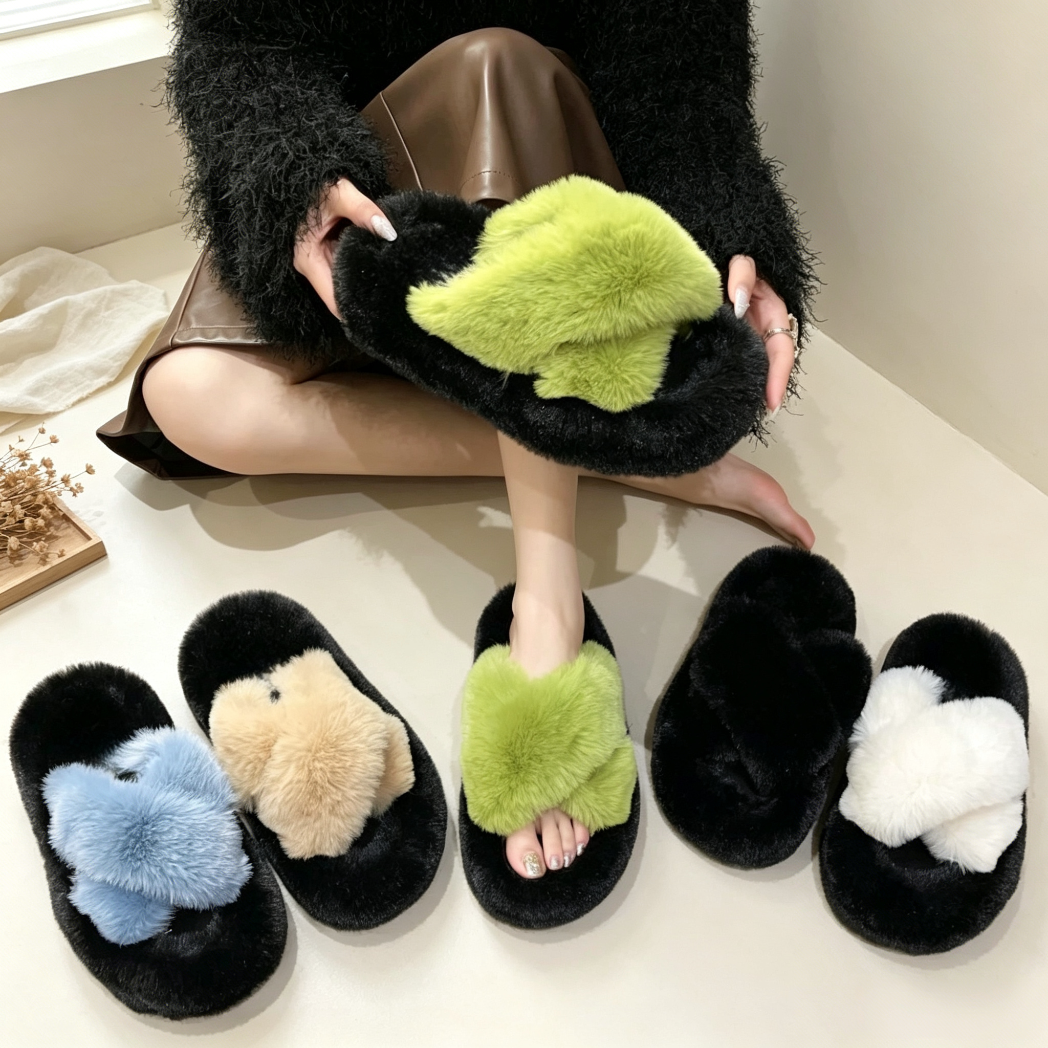 简约百搭毛毛拖鞋女外穿秋冬新款超火网红松糕底增高跟交叉棉拖鞋