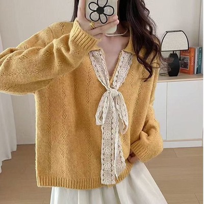 小香风蕾丝蝴蝶结系带翻领针织衫