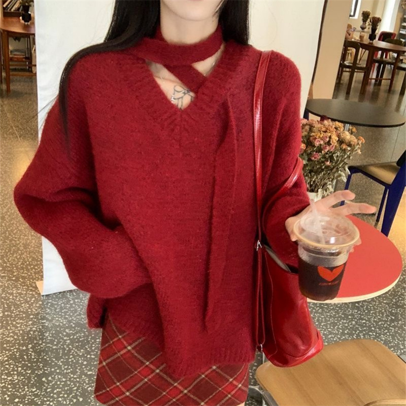 飘带V领安可拉红色慵懒针织毛衣