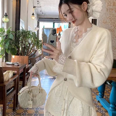 法式设计感收腰显瘦v领针织开衫