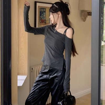 不规则露肩绑带开叉长袖T恤上衣