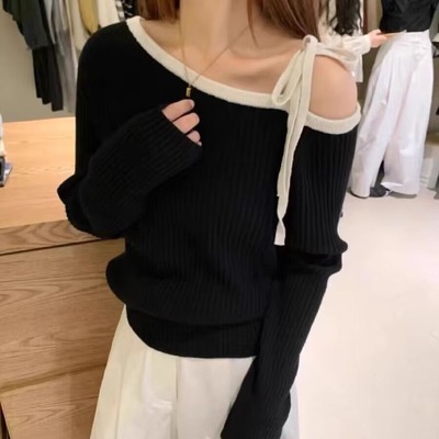 新款设计感系带露肩长袖针织毛衣
