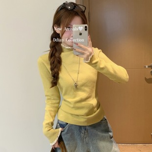 杭州四季青高端韩货女装egg半高领木耳花边领毛针织修身打底衫冬