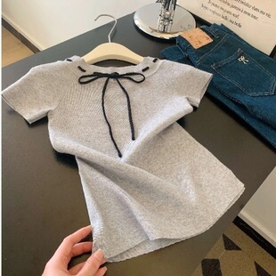 杭州四季青egg意法高端女装蝴蝶结系带设计感一字斜肩短袖T恤上衣