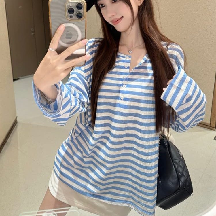 美式撞色条纹设计感t恤防晒罩衫