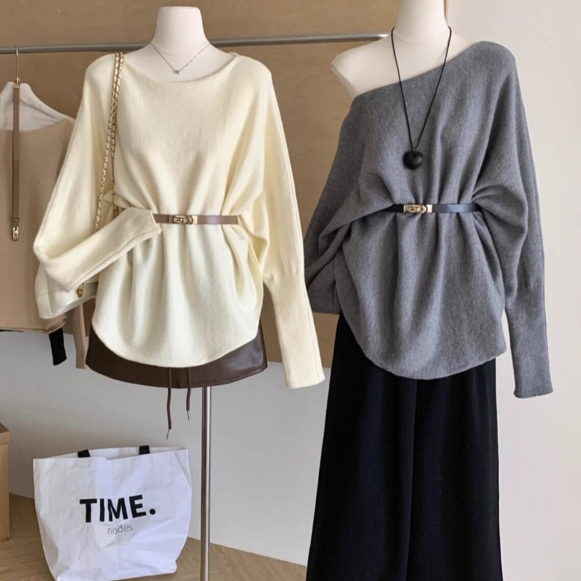 慵懒不规则蝙蝠袖一字斜肩针织衫