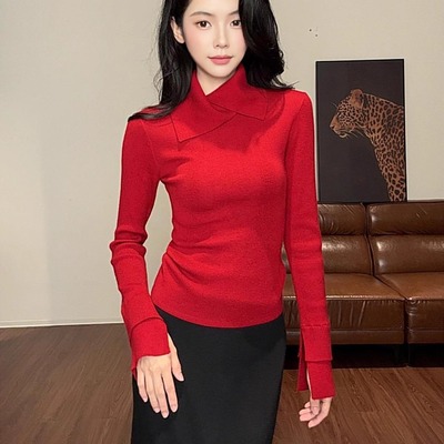 法式氛围感翻领袖口开叉打底衫