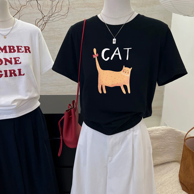 可爱猫咪印花短袖正肩T恤